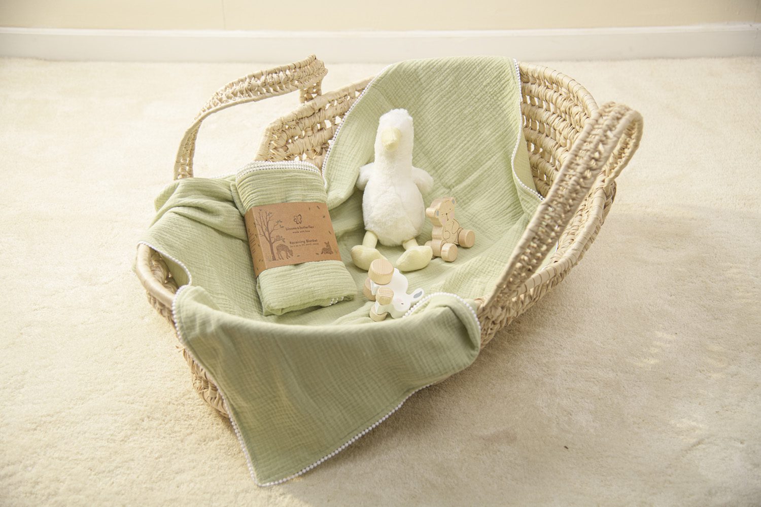 Bamboo Cotton Receiving Blanket Sage Green Blooms and Butterflies
