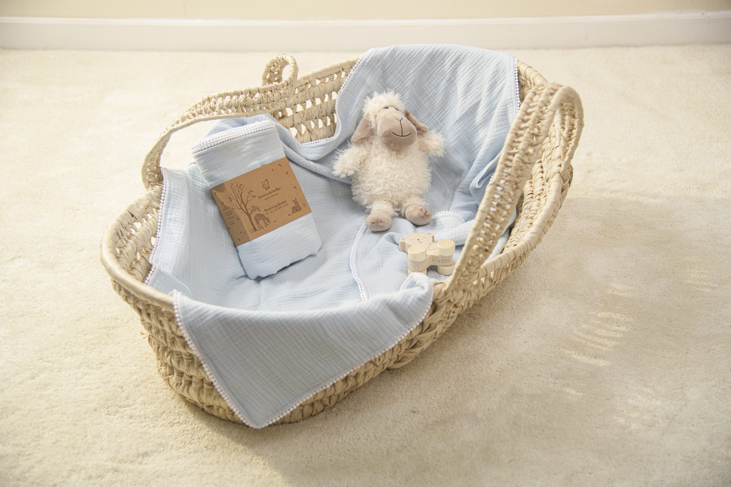 The Proper Peony Layette Pima Cotton Receiving Blanket - White with Blue Embroidery main image 1